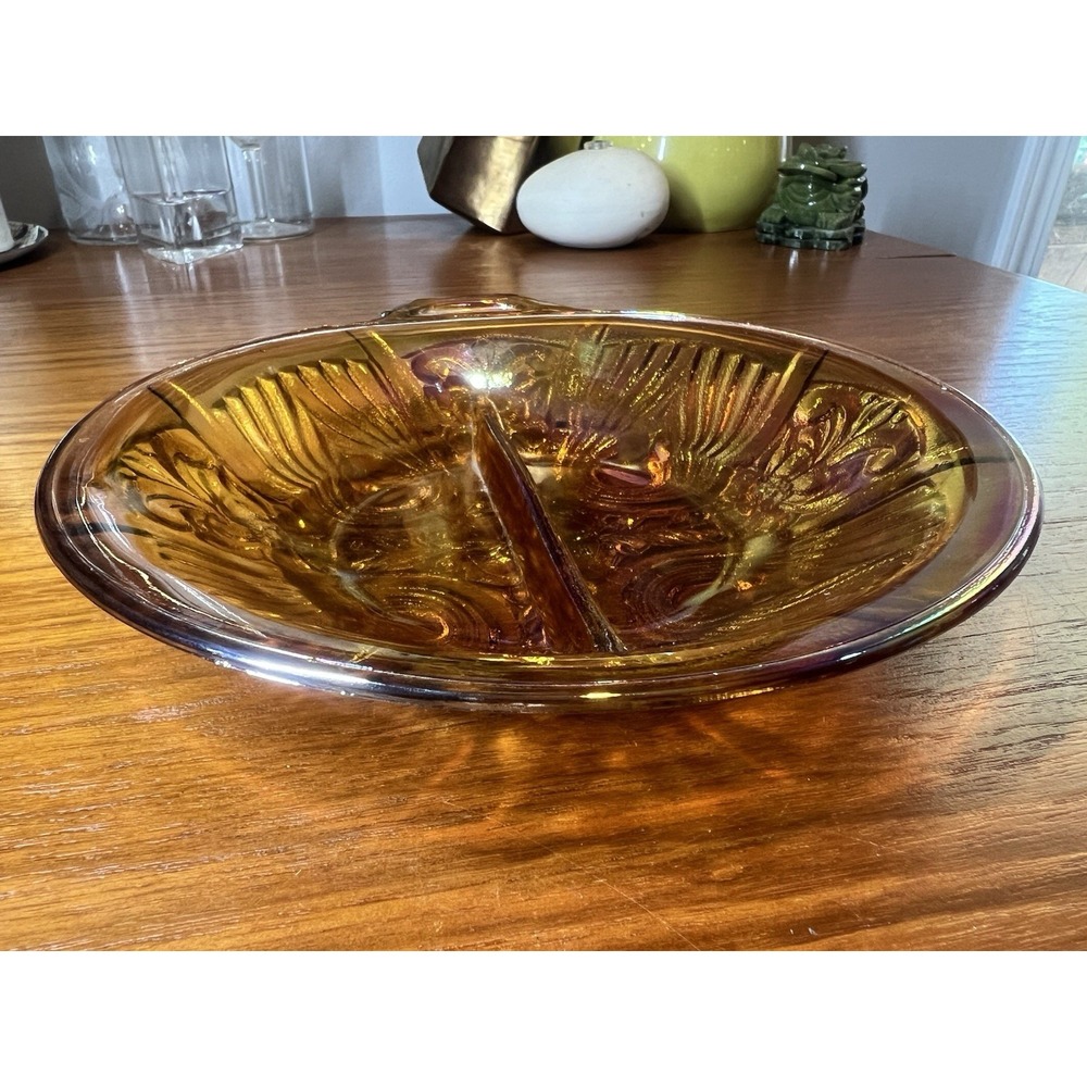 Vintage Amber Iridescent Carnival Glass Round Handled Tray, Pressed Decorative - Picture 4 of 5